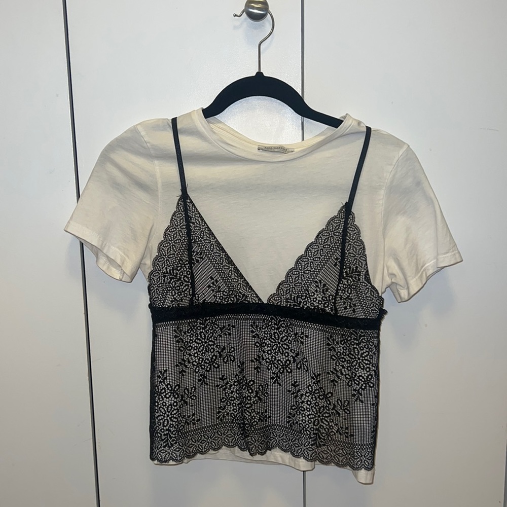 Zara white tshirt with black lace cami